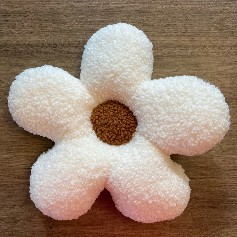Cute Flower Shaped Sherpa Pillow, White/Brown. Hand Sewn, Soft and Cozy! - Picture 2 of 4